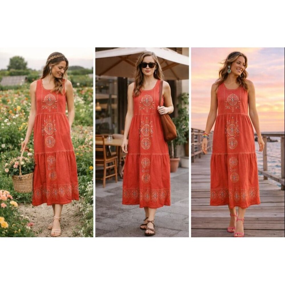 J. Jill Women Embroidered Midi Dress Red M Modal Rayon Boho Cottagecore Festival